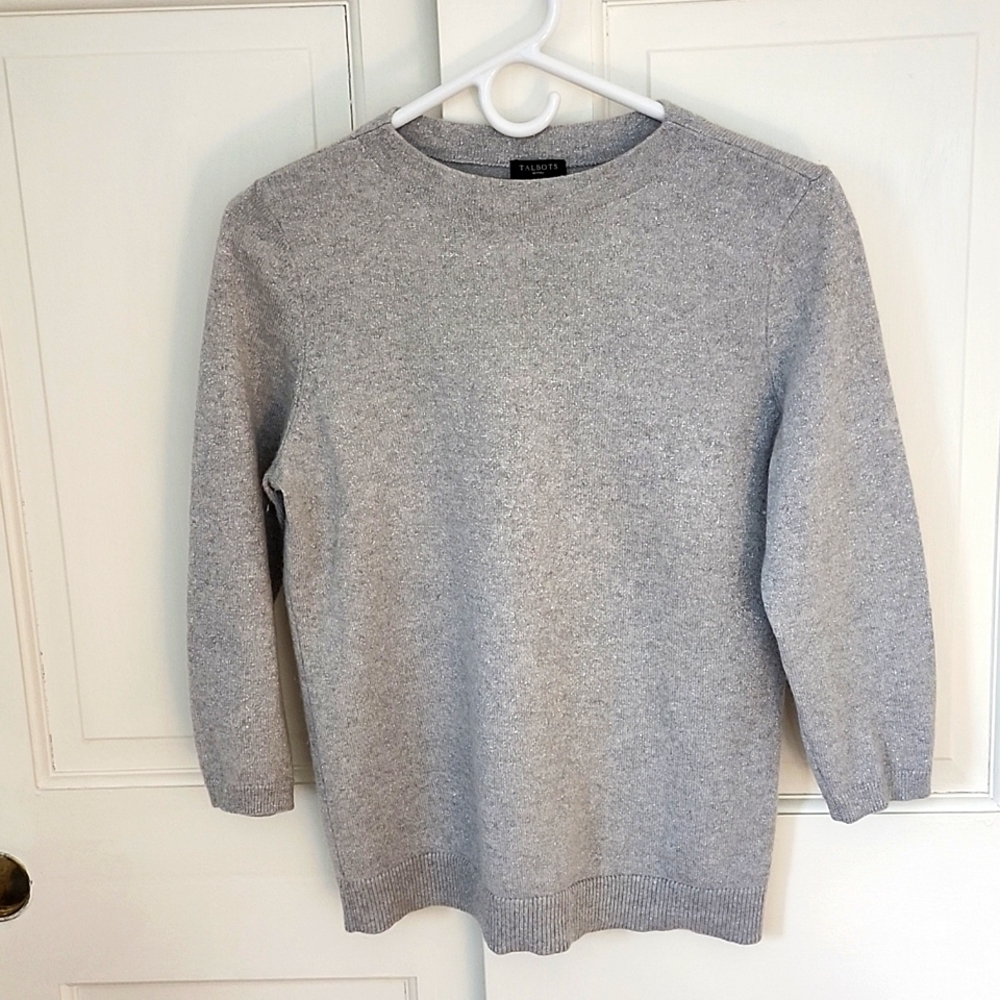 Talbots 3/4 sleeve cashmere sweater. Med petite. Light grey with silver threadin